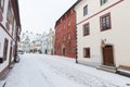 Panoramic view of Cesky Krumlov in winter season, Czech Republic. View of the snow-covered roofs. Travel and Holiday in Europe. Royalty Free Stock Photo