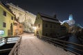Panoramic view of Cesky Krumlov in winter season, Czech Republic. View of the snow-covered roofs. Travel and Holiday in Europe. Royalty Free Stock Photo