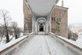 Panoramic view of Cesky Krumlov in winter season, Czech Republic. View of the snow-covered roofs. Travel and Holiday in Europe. Royalty Free Stock Photo