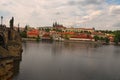 Panoramic view from Charles Bridge to Prague Castle with Saint Vitus Cathedral and other historical buildings and Vltava river Royalty Free Stock Photo