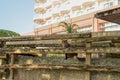 Panoramic view of a charming street scene in an old town in Europe in beautiful evening light at sunset with retro vintage Royalty Free Stock Photo