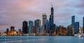 Panoramic view of Chicago city high rise buildings cloudy sky in the evening Royalty Free Stock Photo