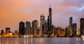 Panoramic view of Chicago city high rise buildings cloudy sky in the evening Royalty Free Stock Photo