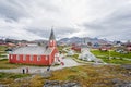 Panoramic view of Church of our Saviour - iconic red wood building and the town of Nuuk in Nuuk, Greenland Royalty Free Stock Photo