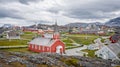 Panoramic view of Church of our Saviour - iconic red wood building and the town of Nuuk in Nuuk, Greenland Royalty Free Stock Photo