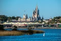 Panoramic view of Cinderela Castle , monorail and vintage train station at Walt Disney World 5.