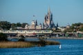 Panoramic view of Cinderela Castle , monorail and vintage train station at Walt Disney World 4