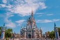 Panoramic view of Cinderella`s Castle on cloudy lightblue sky background  in Magic Kingdom at Walt Disney World Resort 2 Royalty Free Stock Photo