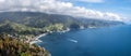 Panoramic view at Cinque Terre coastal area from Mesco Cape. Monterosso al Mare village is at left. Liguria region in Italy