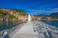 Panoramic view of city of Camogli with the lighthouse, Genoa Province, Liguria, Mediterranean coast, Italy Royalty Free Stock Photo