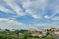 Panoramic view of the city center from above. River and bridge in the historical center of the city. movement of clouds over the