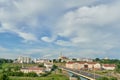 Panoramic view of the city center from above. River and bridge in the historical center of the city. movement of clouds over the