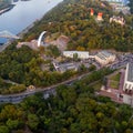 Panoramic view of the city center of Kiev. Aerial view of Arch of Friendship of Peoples, Khreshchaty Park, the main