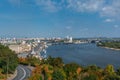 Panoramic view on city center of Kiev near the Arch of Friendship of Peoples from the glass bridge in Autumn, Fall