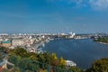 Panoramic view city center of Kiev, river Dnipro and bridge near the Arch of Friendship of Peoples from the glass bridge