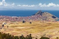 Panoramic view of the city of Copacabana on the coast of lake Titicaca, La Paz, Bolivia