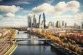 Panoramic view of the city of Frankfurt am Main, Germany, Moscow skyline with the historical architecture skyscraper and Moskva