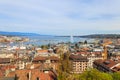 Panoramic view of city of Geneva, Lake Geneva and Jet d\'Eau fountain in Switzerland. View from bell tower of Saint Pierre Royalty Free Stock Photo
