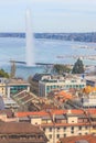 Panoramic view of city of Geneva, Lake Geneva and Jet d\'Eau fountain in Switzerland Royalty Free Stock Photo