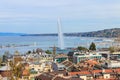 Panoramic view of city of Geneva, Lake Geneva and Jet d\'Eau fountain in Switzerland Royalty Free Stock Photo