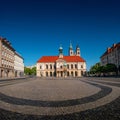 Panoramic view at City Hall Rathaus, Golden Equestrian statue of Magdeburger Reiter and Alter Markt Square in Magdeburg at blue