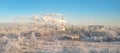 Panoramic view of city industrial area with many smoking stacks and pipes of plants and factories. Environmental pollution concept