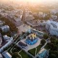 Panoramic view of the city of Kiev. Aerial view of St. Michael`s Golden-Domed Monastery and Sophia Cathedral in the Royalty Free Stock Photo