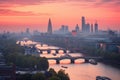 Panoramic view of the city of London at sunset, UK, Photo of London skyline at sunrise, AI Generated Royalty Free Stock Photo