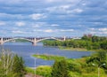 Panoramic view of the city from the river. Bridge