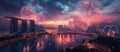 A panoramic view of a city skyline with fireworks exploding over the water Royalty Free Stock Photo