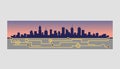A panoramic view of a city skyline at twilight with illuminated path lights marking popular walking routes and points of Royalty Free Stock Photo