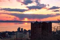 Vladivostok, Russia - Apr 07, 2019: Panoramic view of the city of Vladivostok against the sunset. Royalty Free Stock Photo