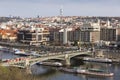 Panoramic view of the city with Vltava River, Czech Bridge, Dvorak Embankment, Old and New Town and Zizkov Television Tower Royalty Free Stock Photo