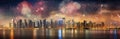 Panoramic view of the cityscape with fireworks over the water Royalty Free Stock Photo