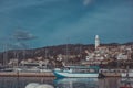 Panoramic view or cityscape of novi vinodolski at croatian kvarner coast. Sunny cityscape of houes at the adriatic sea, marina