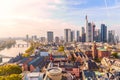 Panoramic view cityscape skyline of business district with skyscrapers during sunrise, Frankfurt am Main. Hessen, Germany