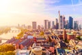 Panoramic view cityscape skyline of business district with skyscrapers during sunrise, Frankfurt am Main. Hessen, Germany