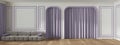 Panoramic view of classic living room with molded wall, arched doors with curtain and parquet floor. White and purple pastel tones Royalty Free Stock Photo