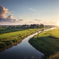 a panoramic view of a classic polder landscape and a village in the western part...