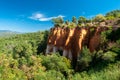 Panoramic view of cliff and woods on Le Sentier des Ocres in Roussillon in France