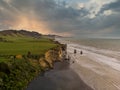 Panoramic view of cliffs by the beach. Famous rock formations named Three Sisters, located in New Plymouth, New Zealand Royalty Free Stock Photo