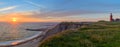 Panoramic view of the cliffs at the danish coast with the red lighthouse Bovbjerg Fyr. Panoramic view of beautiful nature landsca