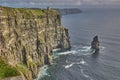 Panoramic view of the Cliffs of Moher, Ireland. Cliffs of Moher during sunset. Coastline in Ireland with huge cliffs Royalty Free Stock Photo