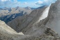 Panoramic view from cloud covered mountain summit Mytikas Mount Olympus, Mt Olympus National Park, Macedonia, Greece Royalty Free Stock Photo