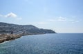 Panoramic view of coastline and beach with blue sky, luxury resort and bay with yachts, Nice port, France Royalty Free Stock Photo