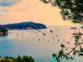 Panoramic view of coastline and beach luxury resort. Bay with yachts, Nice port, Villefranche-sur-Mer, Nice, Cote d`Azur, French