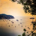 Panoramic view of coastline and beach luxury resort. Bay with yachts, Nice port, Villefranche-sur-Mer, Nice, Cote d`Azur, French