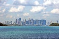 Panoramic view of the coastline of the city of Singapore from the sea and the strait.