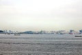 Panoramic view of the coastline of the city of Singapore from the sea and the strait.