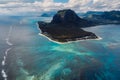 Panoramic view with coastline, mountains and lagoon in Mauritius. Aerial view Royalty Free Stock Photo